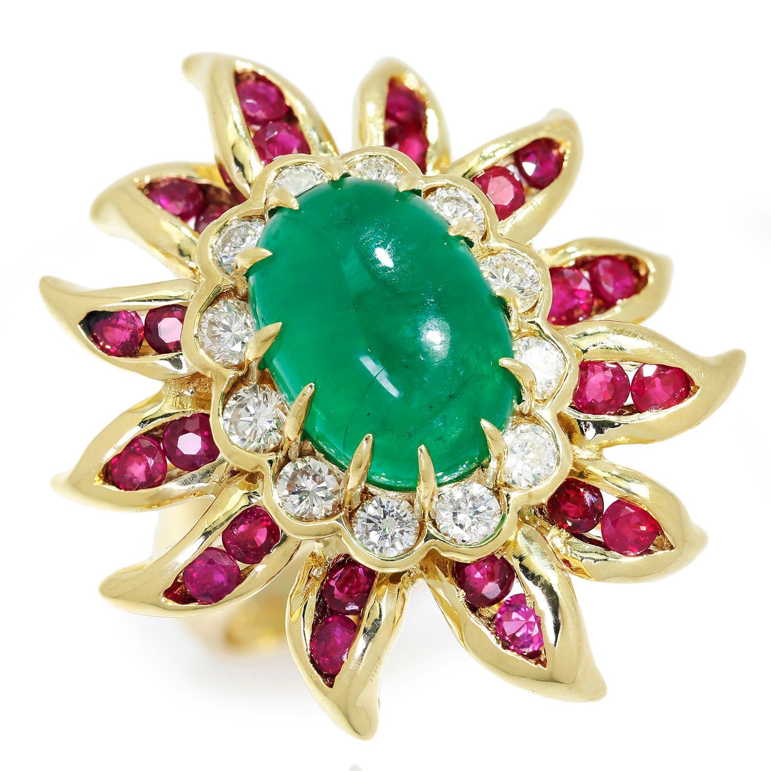 Once Upon A Diamond Ring Yellow Gold Vintage Oval Cabochon Emerald Ring with Diamonds & Rubies 18K