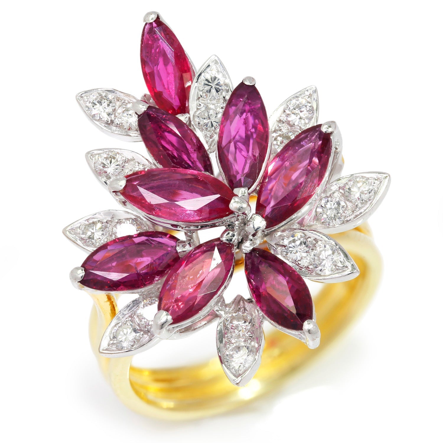 Once Upon A Diamond Ring Yellow & White Gold Marquise Ruby Cocktail Ring with Diamonds 18K Gold 2.76ctw