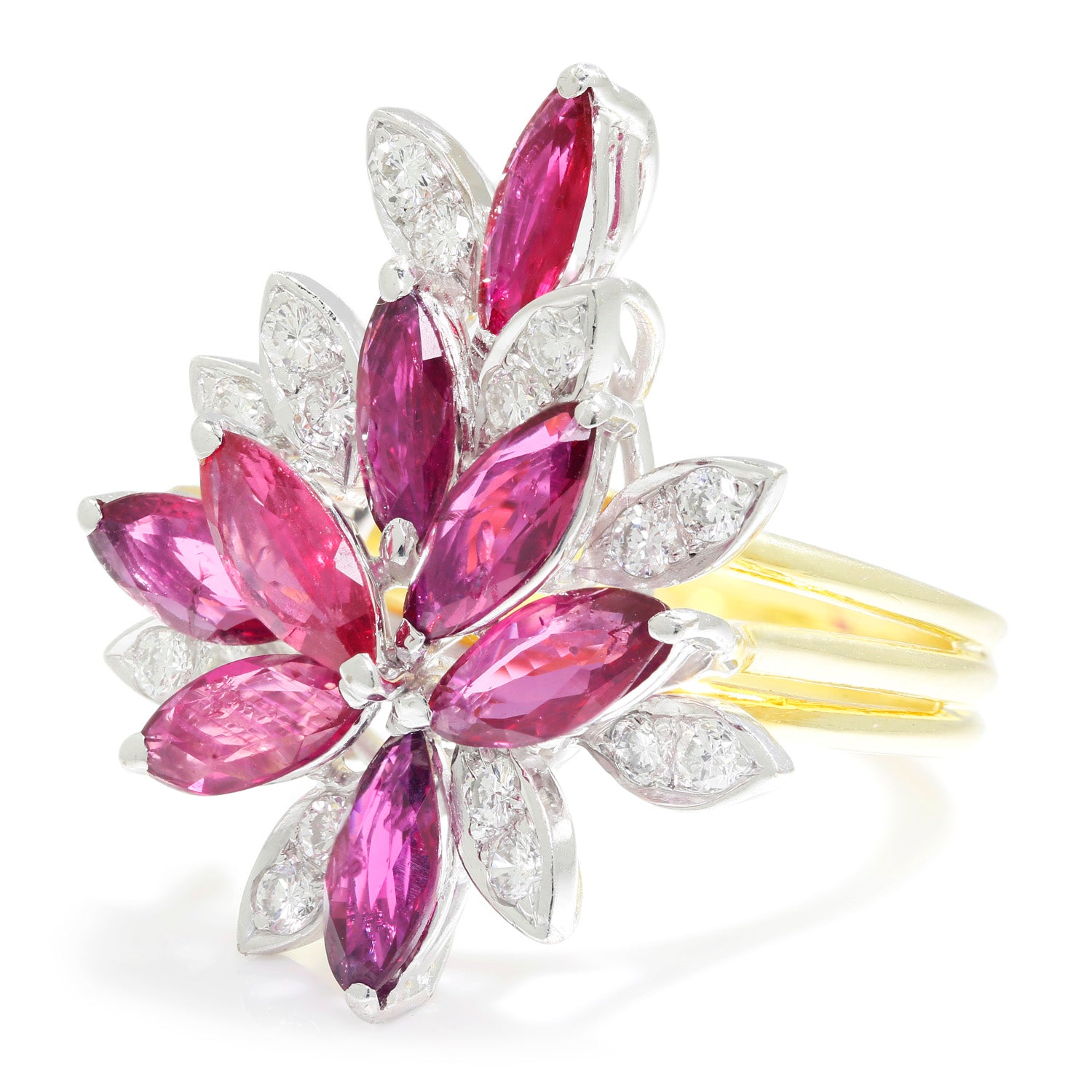 Once Upon A Diamond Ring Yellow & White Gold Marquise Ruby Cocktail Ring with Diamonds 18K Gold 2.76ctw
