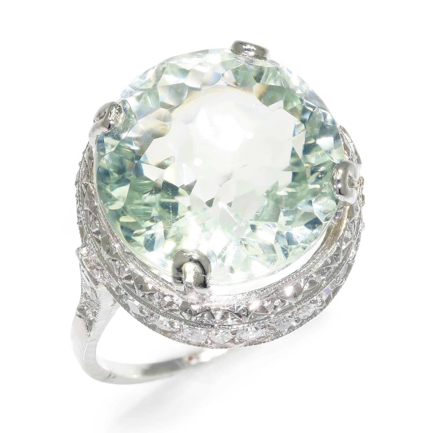 Once Upon A Diamond Rings Platinum Vintage Mint Green Quartz Ring with Diamonds in Platinum 6.75ctw