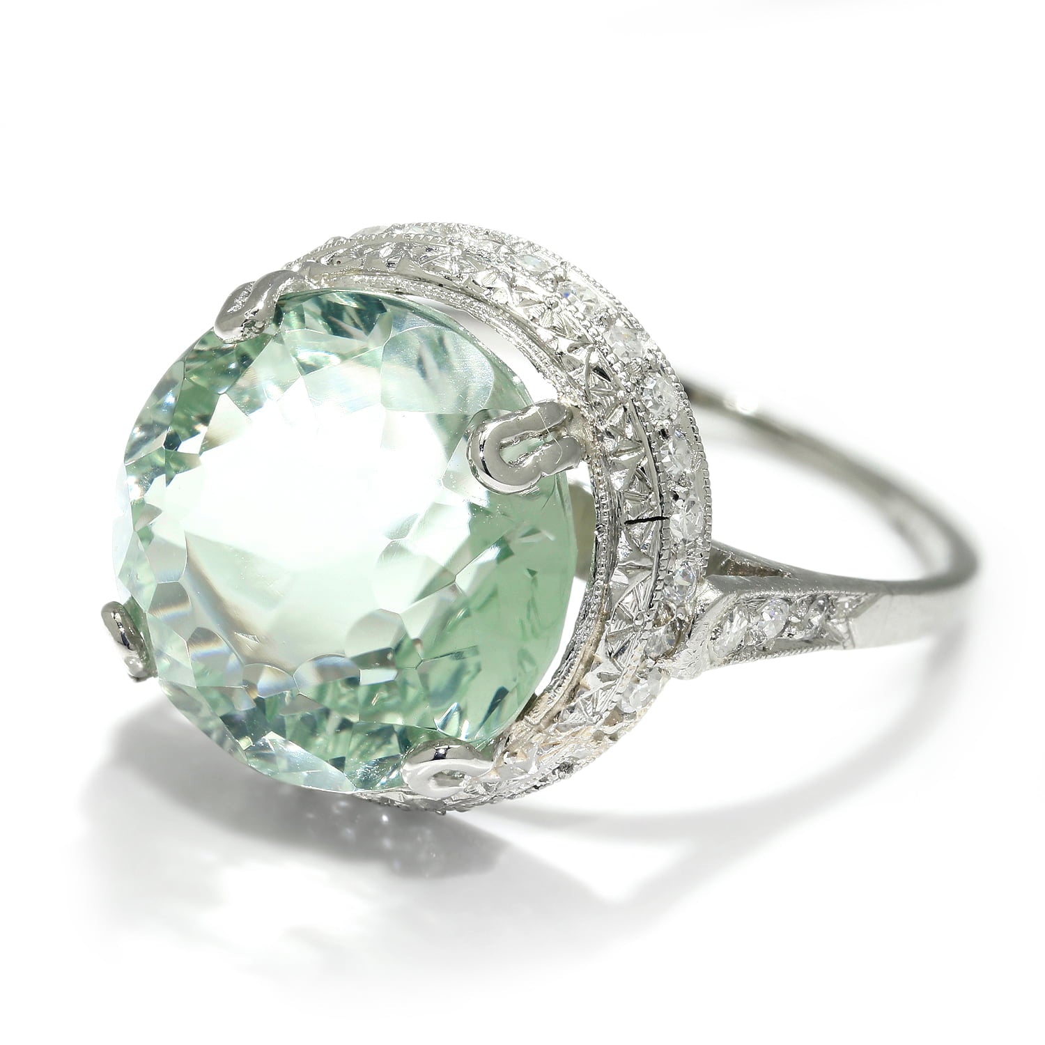Once Upon A Diamond Rings Platinum Vintage Mint Green Quartz Ring with Diamonds in Platinum 6.75ctw