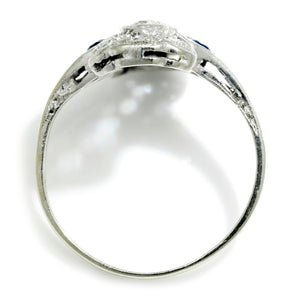 Once Upon A Diamond Rings White Gold Antique Art Deco Diamond Ring with Sapphires 18K White Gold