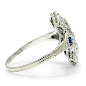Once Upon A Diamond Rings White Gold Antique Art Deco Diamond Ring with Sapphires 18K White Gold