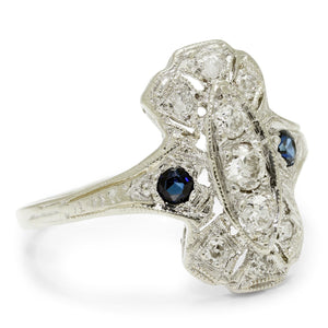 Once Upon A Diamond Rings White Gold Antique Art Deco Diamond Ring with Sapphires 18K White Gold