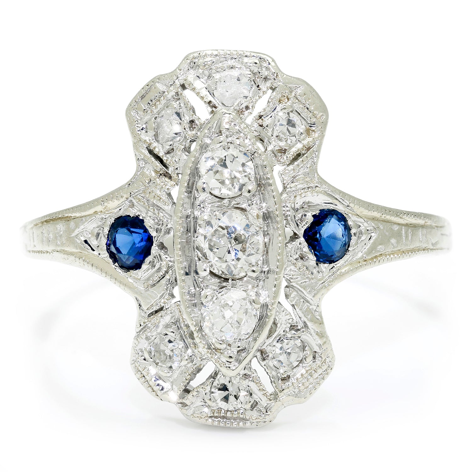Once Upon A Diamond Rings White Gold Antique Art Deco Diamond Ring with Sapphires 18K White Gold