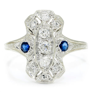 Once Upon A Diamond Rings White Gold Antique Art Deco Diamond Ring with Sapphires 18K White Gold