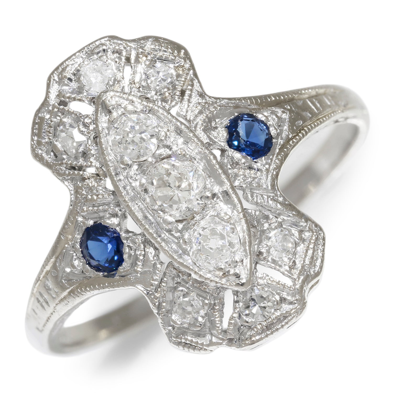 Once Upon A Diamond Rings White Gold Antique Art Deco Diamond Ring with Sapphires 18K White Gold