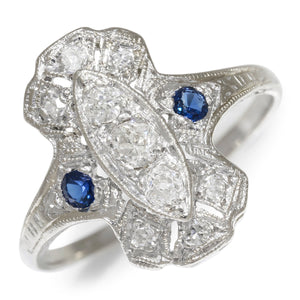 Once Upon A Diamond Rings White Gold Antique Art Deco Diamond Ring with Sapphires 18K White Gold