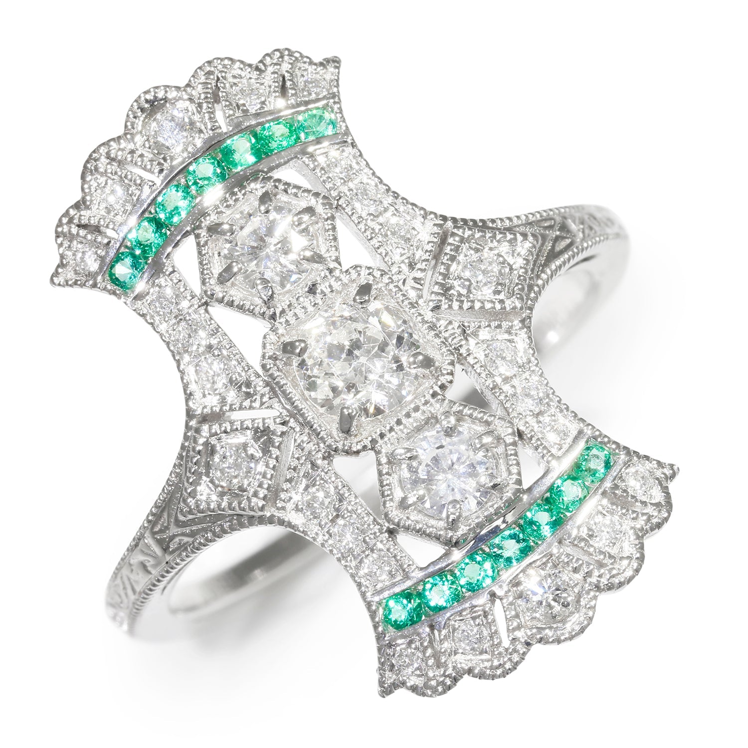 Once Upon A Diamond Rings White Gold Art Deco Style Diamond Navette Ring with Emeralds White Gold 0.75ctw
