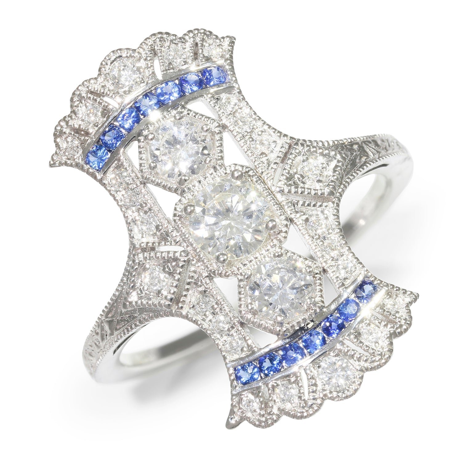 Once Upon A Diamond Rings White Gold Art Deco Style Diamond Navette Ring with Sapphires White Gold 0.82ctw