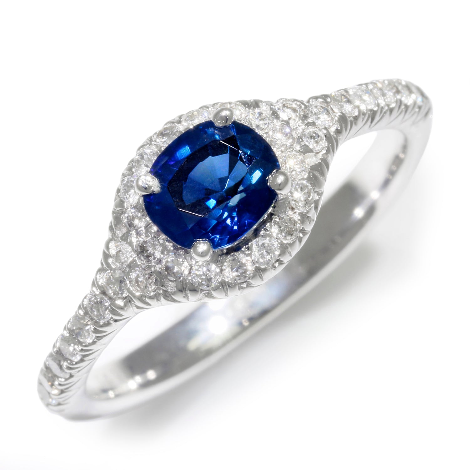 Once Upon A Diamond Rings White Gold Blue Sapphire Ring with Pave Diamonds 14K White Gold 1.25ctw