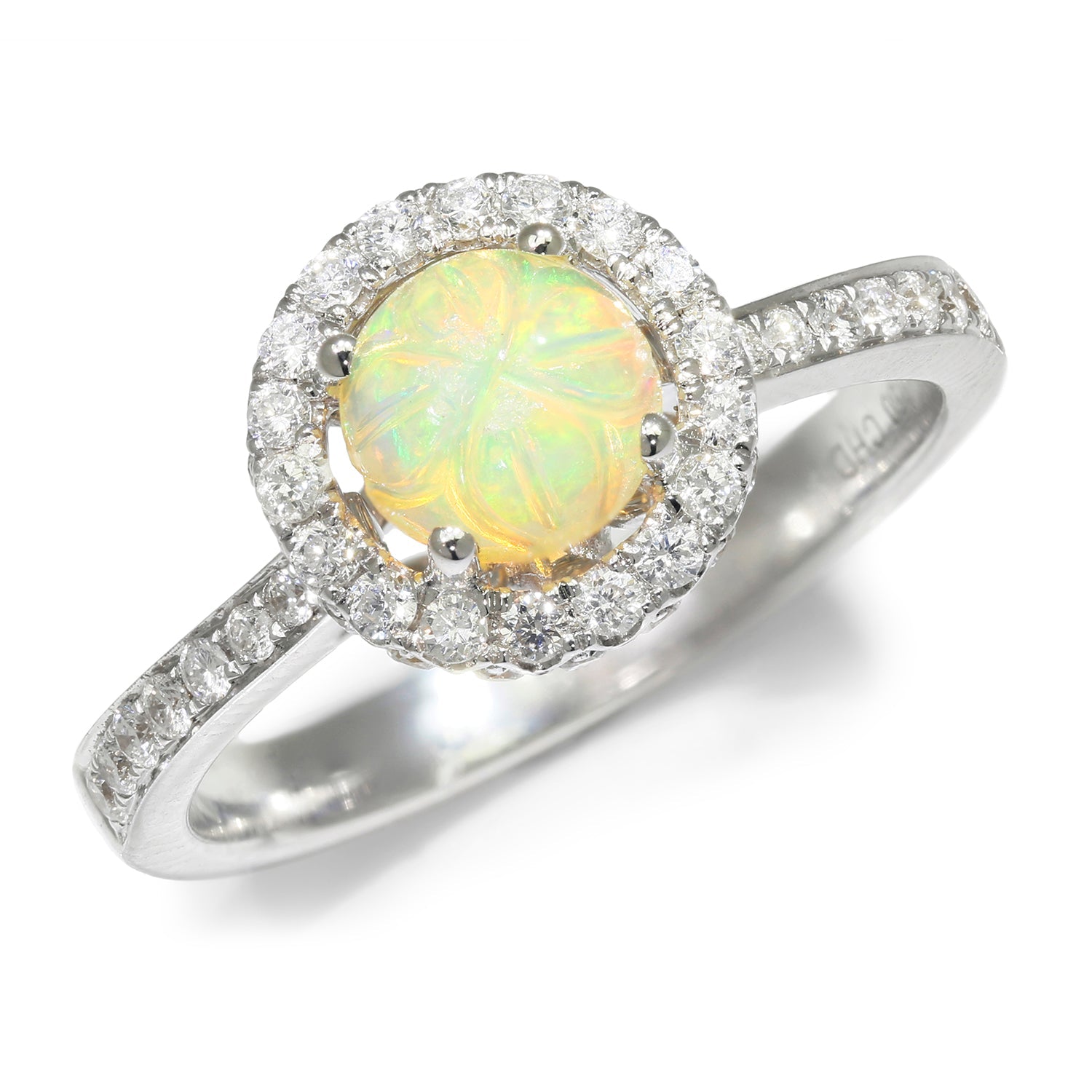 Once Upon A Diamond Rings White Gold Carved Opal Halo Ring with Diamonds 18K White Gold 1.43ctw