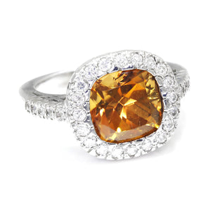 Once Upon A Diamond Rings White Gold Cushion Cut Citrine Halo Ring with Diamonds 14K White Gold 4.30ctw