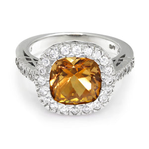Once Upon A Diamond Rings White Gold Cushion Cut Citrine Halo Ring with Diamonds 14K White Gold 4.30ctw