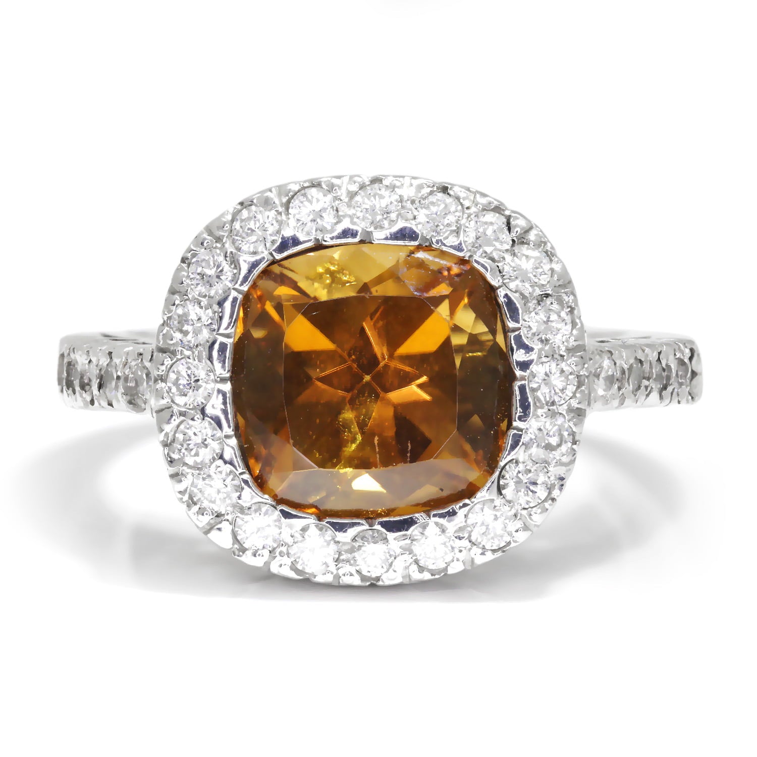 Once Upon A Diamond Rings White Gold Cushion Cut Citrine Halo Ring with Diamonds 14K White Gold 4.30ctw