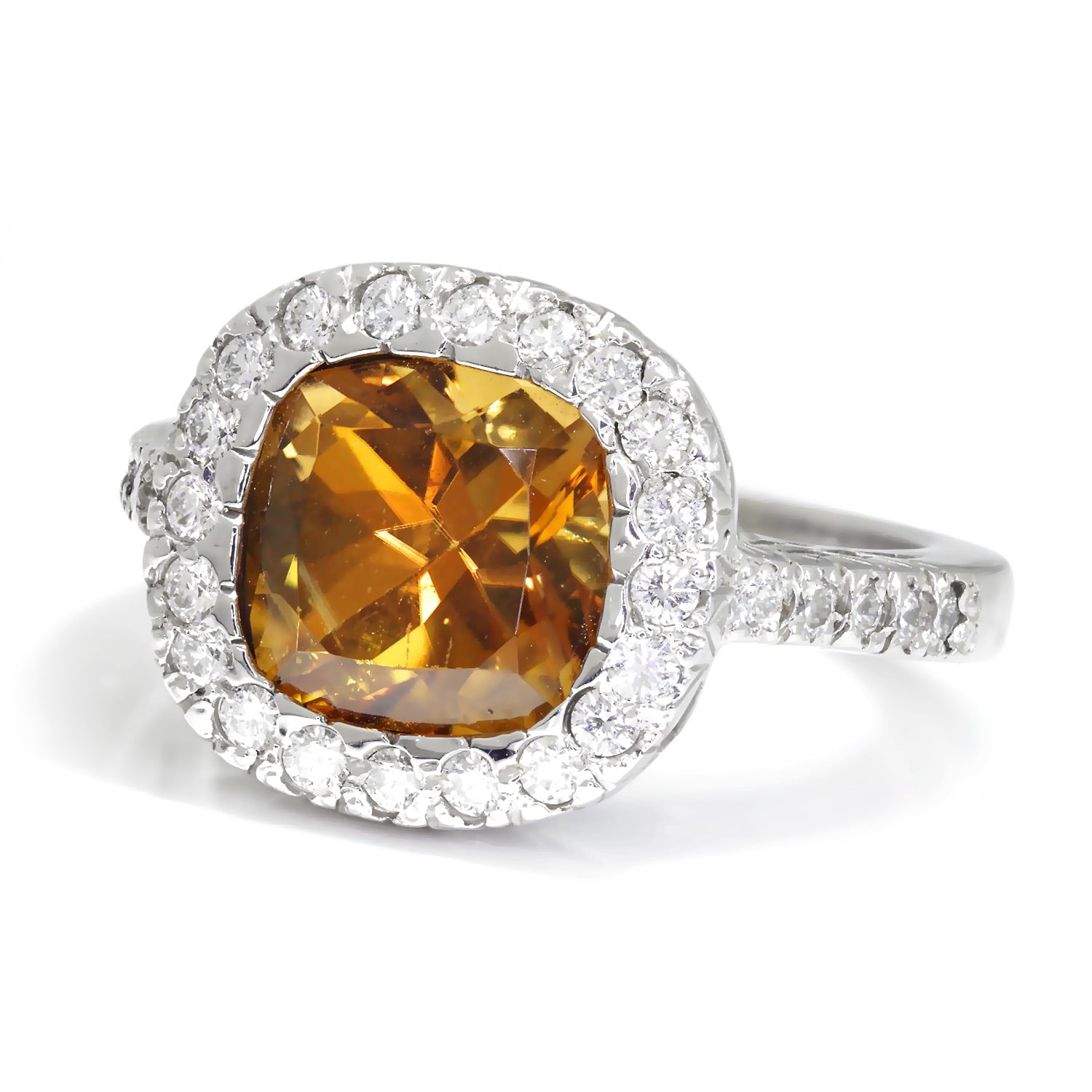 Once Upon A Diamond Rings White Gold Cushion Cut Citrine Halo Ring with Diamonds 14K White Gold 4.30ctw