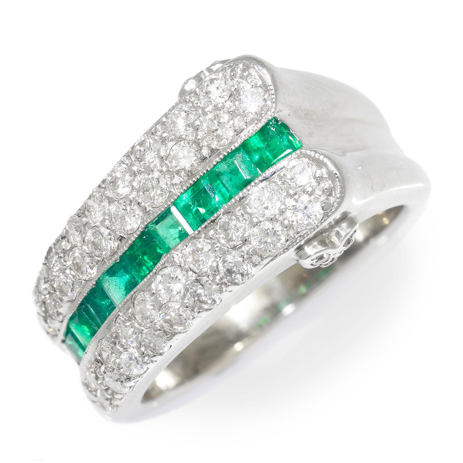 Once Upon A Diamond Rings White Gold Emerald Band with Diamond Accents 18K White Gold 0.96ctw