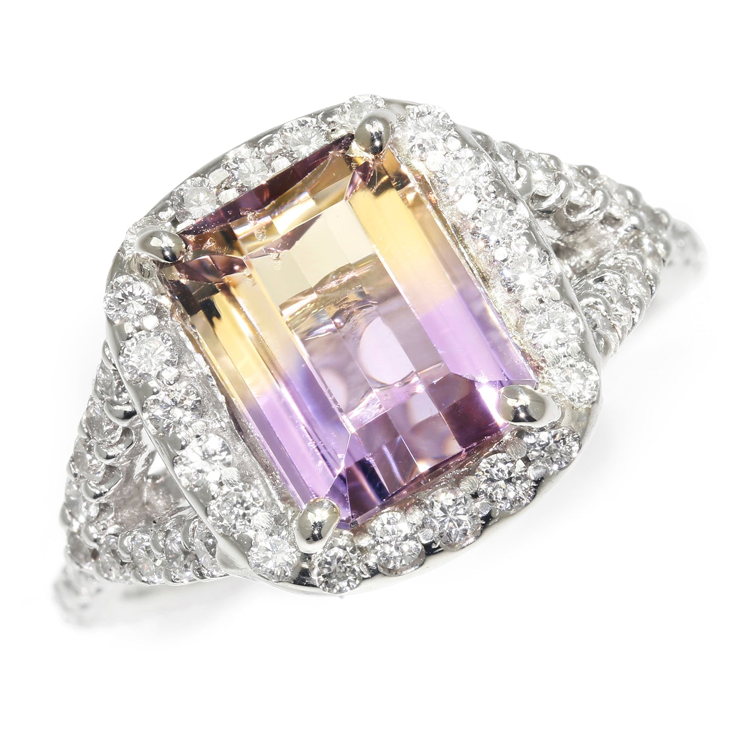 Once Upon A Diamond Rings White Gold Emerald Cut Ametrine Halo Ring with Diamonds 18K White Gold