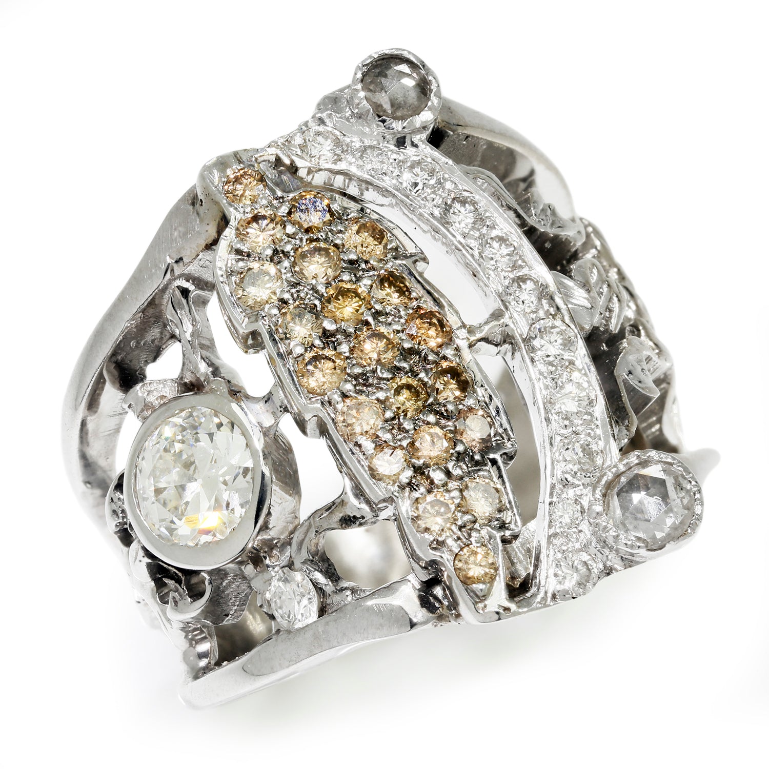 Once Upon A Diamond Rings White Gold Euro Diamond Ring with Fancy Brown Accents White Gold 1.04ctw