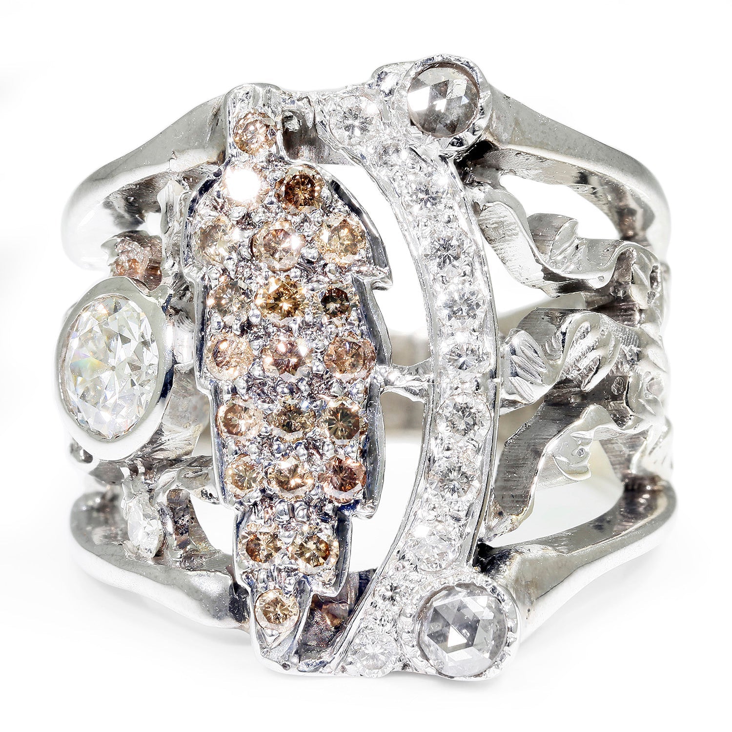 Once Upon A Diamond Rings White Gold Euro Diamond Ring with Fancy Brown Accents White Gold 1.04ctw