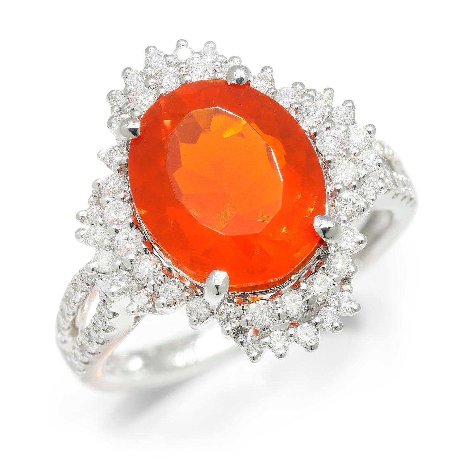Once Upon A Diamond Rings White Gold Oval Fire Opal Ring with Diamonds 18K White Gold 3.77ctw