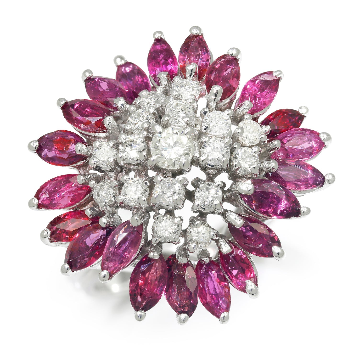 Once Upon A Diamond Rings White Gold Round Diamond Cluster Ring with Ruby Accents 14K White Gold