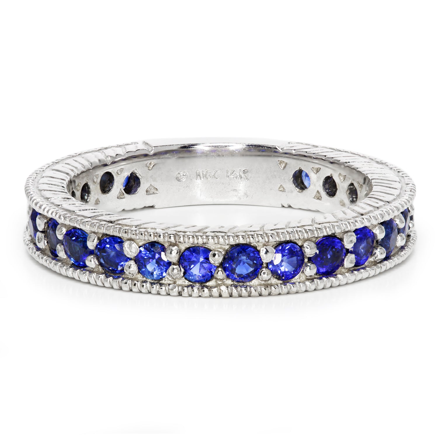 Once Upon A Diamond Rings White Gold Round Sapphire Band with Milgrain 14K White Gold 1.18ctw