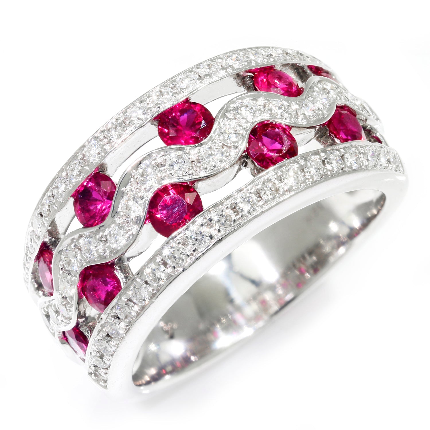 Once Upon A Diamond Rings White Gold Ruby Wave Band with Diamonds 14K White Gold 1.80ctw