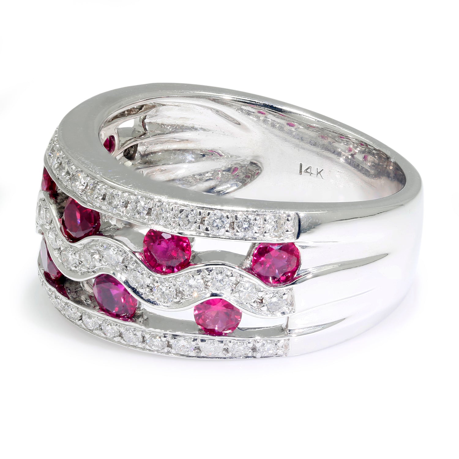 Once Upon A Diamond Rings White Gold Ruby Wave Band with Diamonds 14K White Gold 1.80ctw