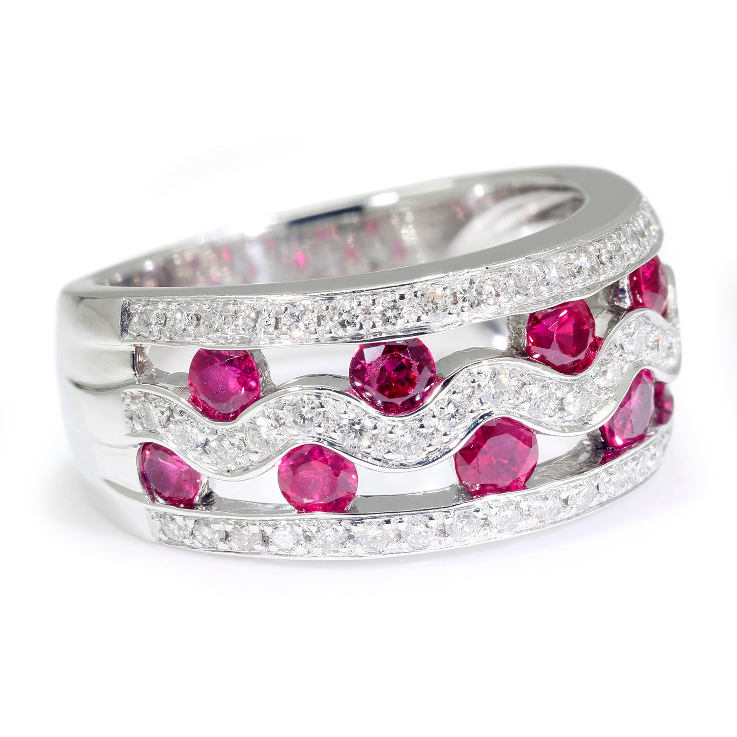 Once Upon A Diamond Rings White Gold Ruby Wave Band with Diamonds 14K White Gold 1.80ctw