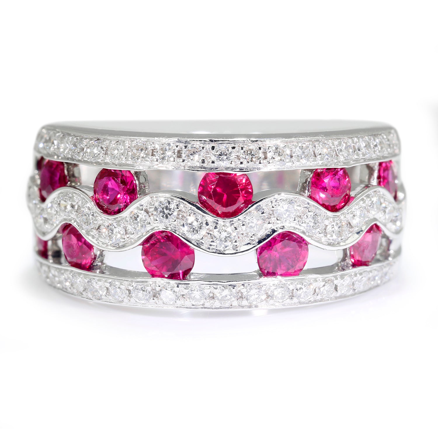 Once Upon A Diamond Rings White Gold Ruby Wave Band with Diamonds 14K White Gold 1.80ctw