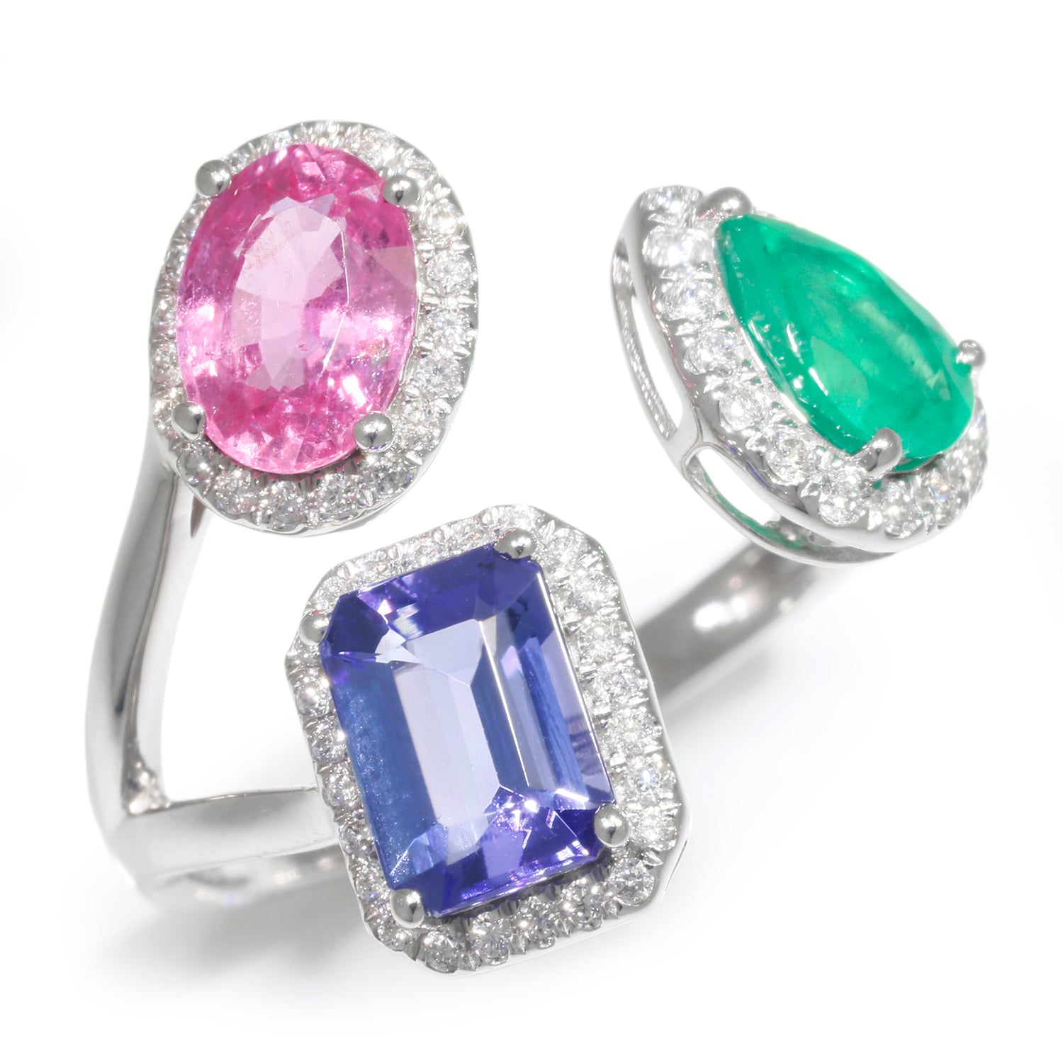 Once Upon A Diamond Rings White Gold Sapphire, Emerald & Tanzanite Gap Ring with Diamonds 18K White Gold