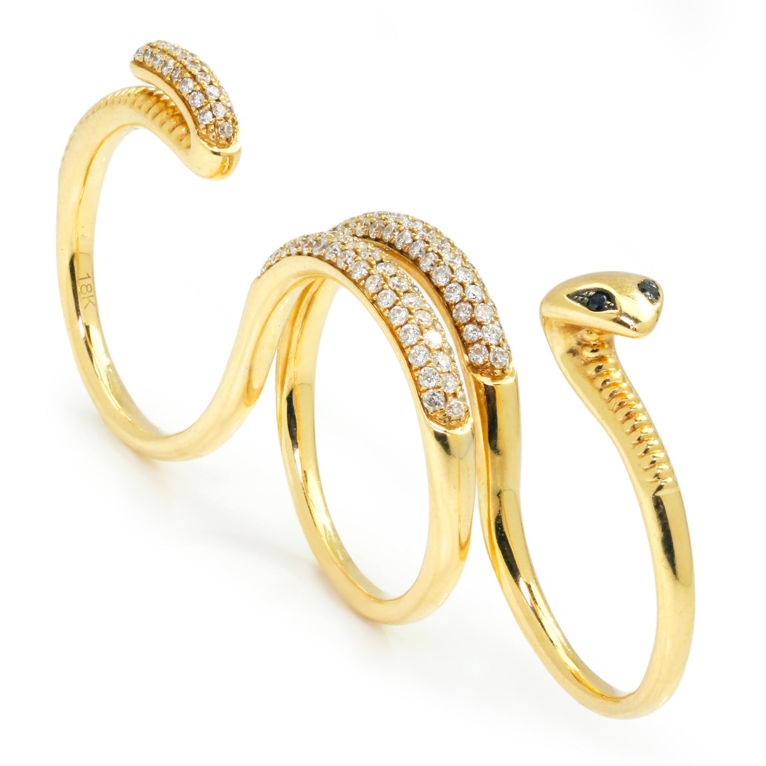 Once Upon A Diamond Rings White Gold Unique Three-Finger Snake Ring with Diamonds 18K Gold Size 7