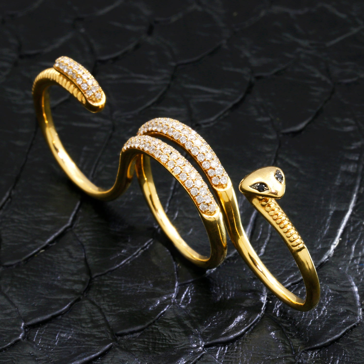 Once Upon A Diamond Rings White Gold Unique Three-Finger Snake Ring with Diamonds 18K Gold Size 7
