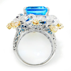 Once Upon A Diamond Rings White & Yellow Gold Large Open Filigree Topaz Ring with Diamonds & Gems 18K 21.60ctw