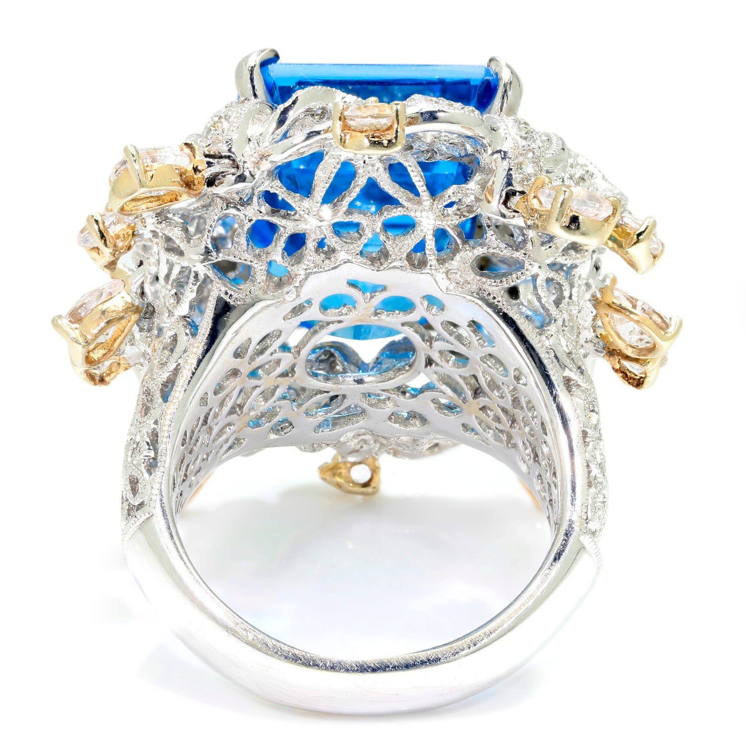 Once Upon A Diamond Rings White & Yellow Gold Large Open Filigree Topaz Ring with Diamonds & Gems 18K 21.60ctw