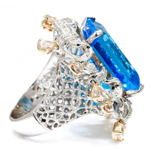 Once Upon A Diamond Rings White & Yellow Gold Large Open Filigree Topaz Ring with Diamonds & Gems 18K 21.60ctw