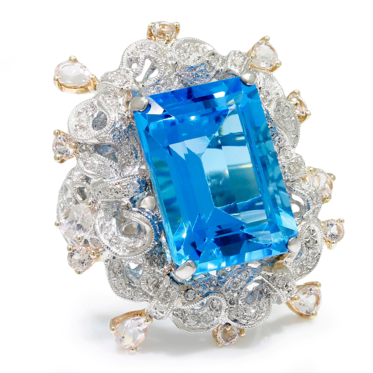 Once Upon A Diamond Rings White & Yellow Gold Large Open Filigree Topaz Ring with Diamonds & Gems 18K 21.60ctw