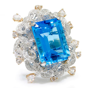 Once Upon A Diamond Rings White & Yellow Gold Large Open Filigree Topaz Ring with Diamonds & Gems 18K 21.60ctw