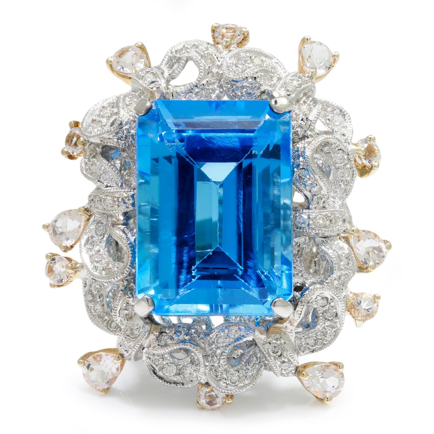 Once Upon A Diamond Rings White & Yellow Gold Large Open Filigree Topaz Ring with Diamonds & Gems 18K 21.60ctw