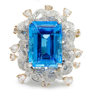 Once Upon A Diamond Rings White & Yellow Gold Large Open Filigree Topaz Ring with Diamonds & Gems 18K 21.60ctw