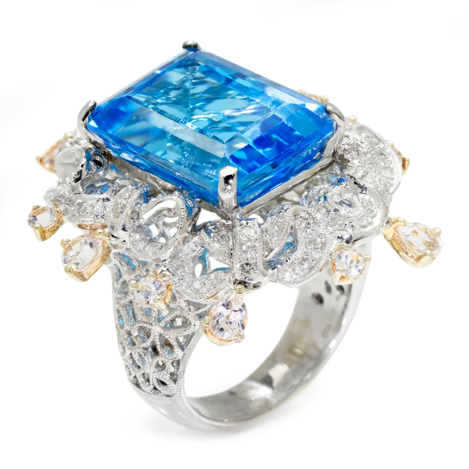 Once Upon A Diamond Rings White & Yellow Gold Large Open Filigree Topaz Ring with Diamonds & Gems 18K 21.60ctw