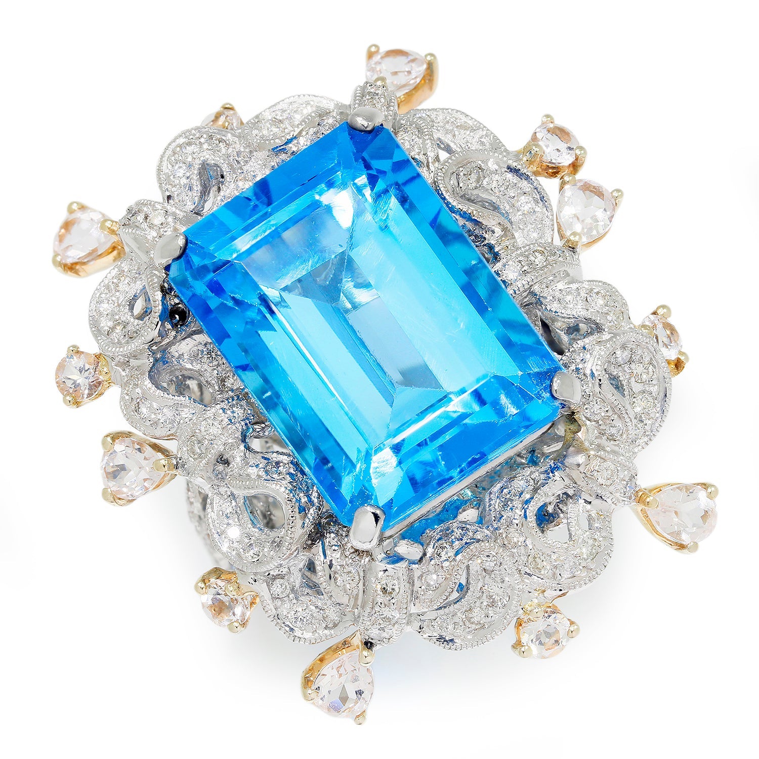 Once Upon A Diamond Rings White & Yellow Gold Large Open Filigree Topaz Ring with Diamonds & Gems 18K 21.60ctw