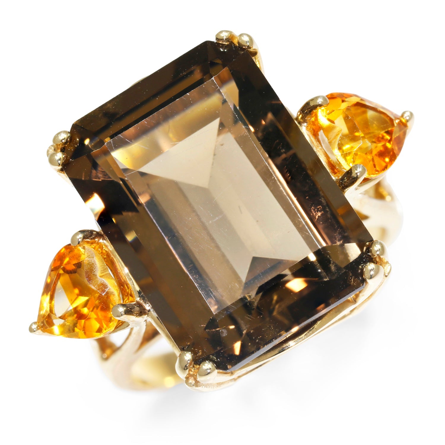 Once Upon A Diamond Rings Yellow Gold Large Smoky Quartz 3-Stone Ring with Citrines 14K Yellow Gold