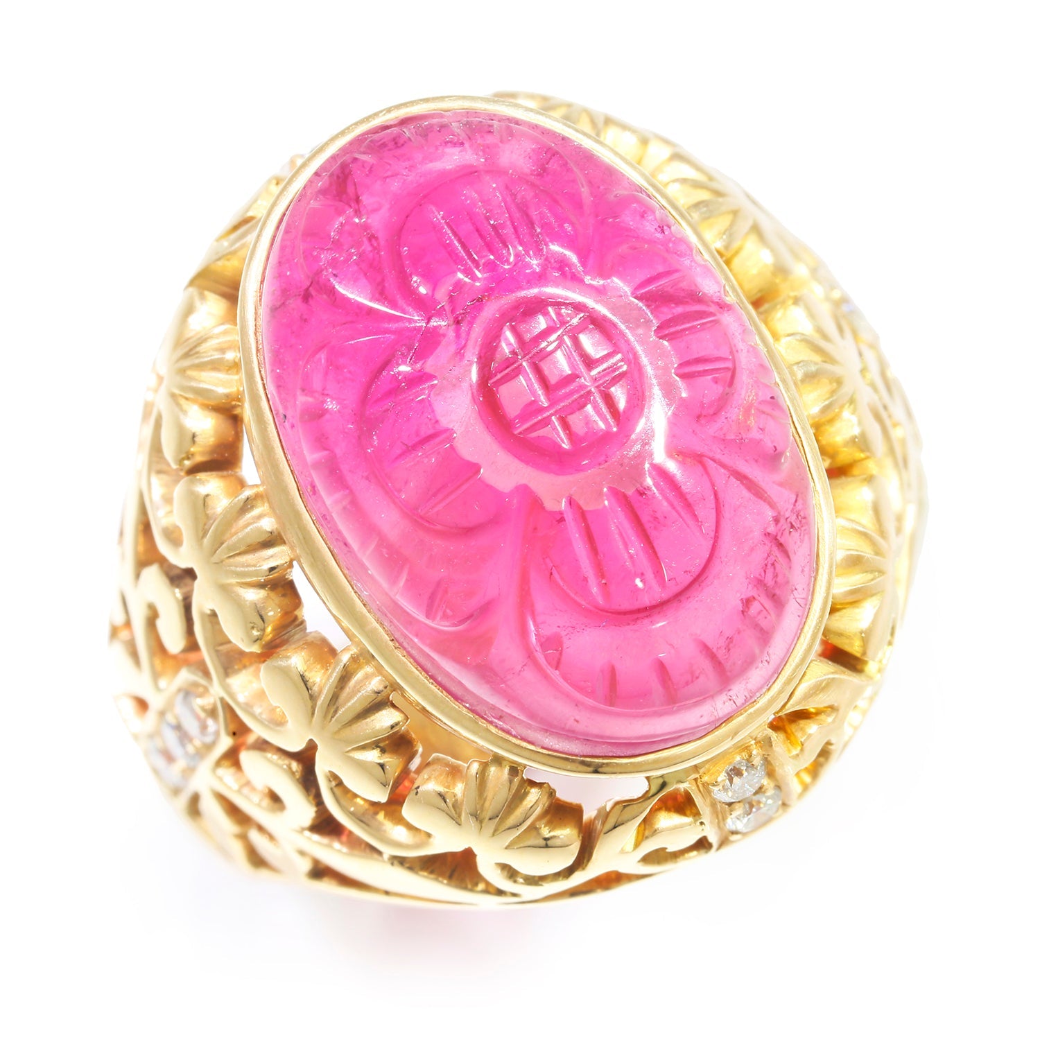 Once Upon A Diamond Rings Yellow Gold Oval Carved Pink Tourmaline Filigree Ring with Diamonds Yellow Gold