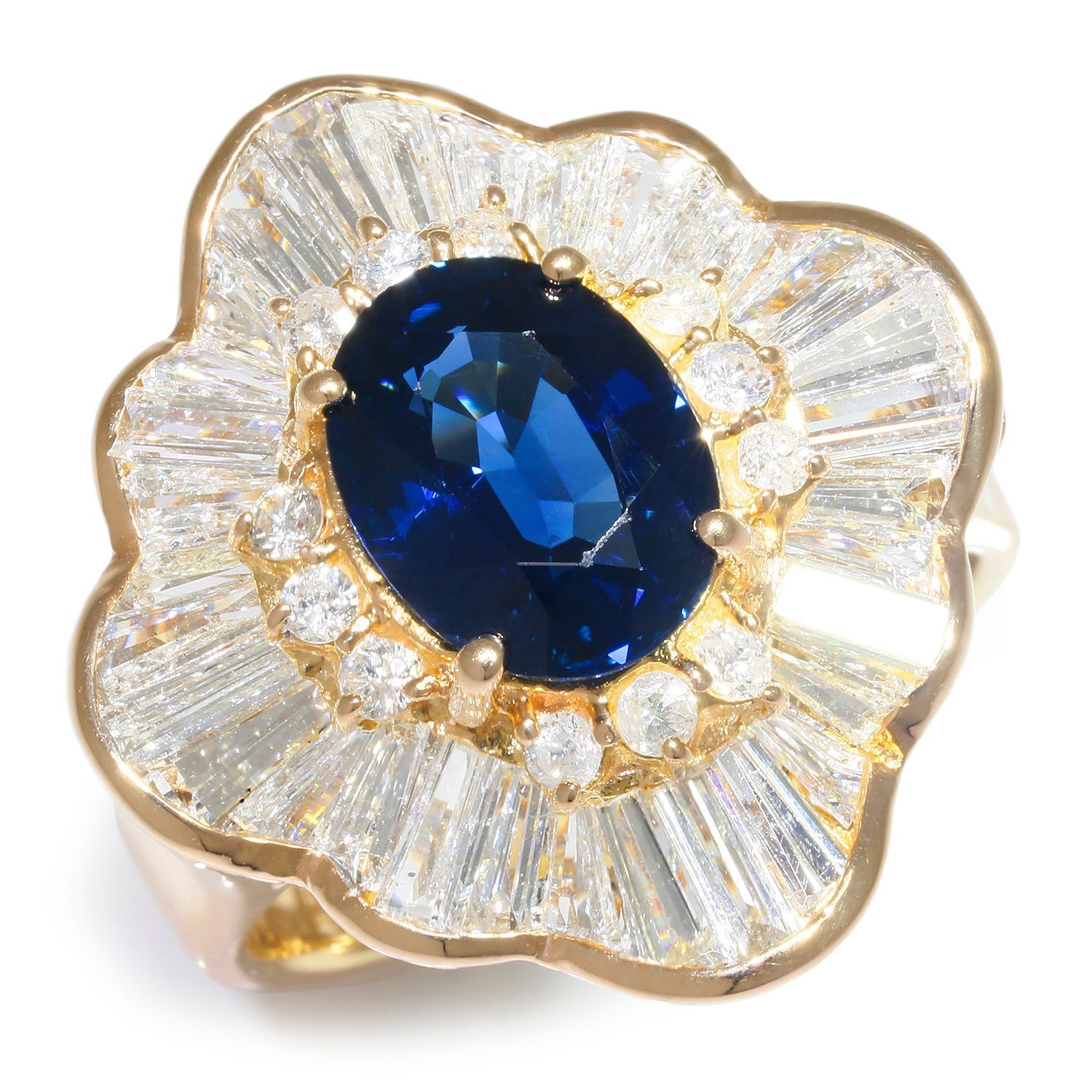 Once Upon A Diamond Rings Yellow Gold Vintage Blue Sapphire Ballerina Ring with Diamonds 18K Yellow Gold