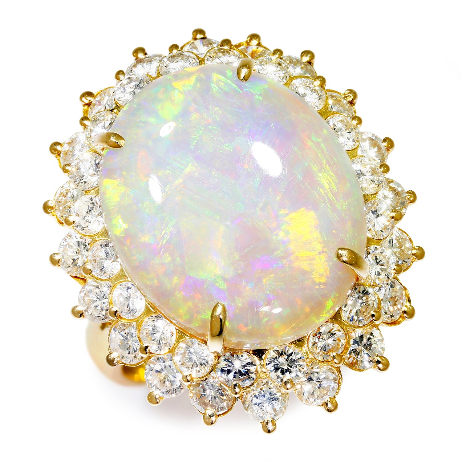 Once Upon A Diamond Rings Yellow Gold Vintage Oval Australian Opal Halo Ring with Diamonds 18K Gold 7.80ctw