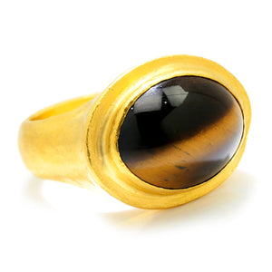Once Upon A Diamond Rings Yellow Gold Yossi Harari Tiger's Eye Ring Hammered 24K Yellow Gold SZ-7