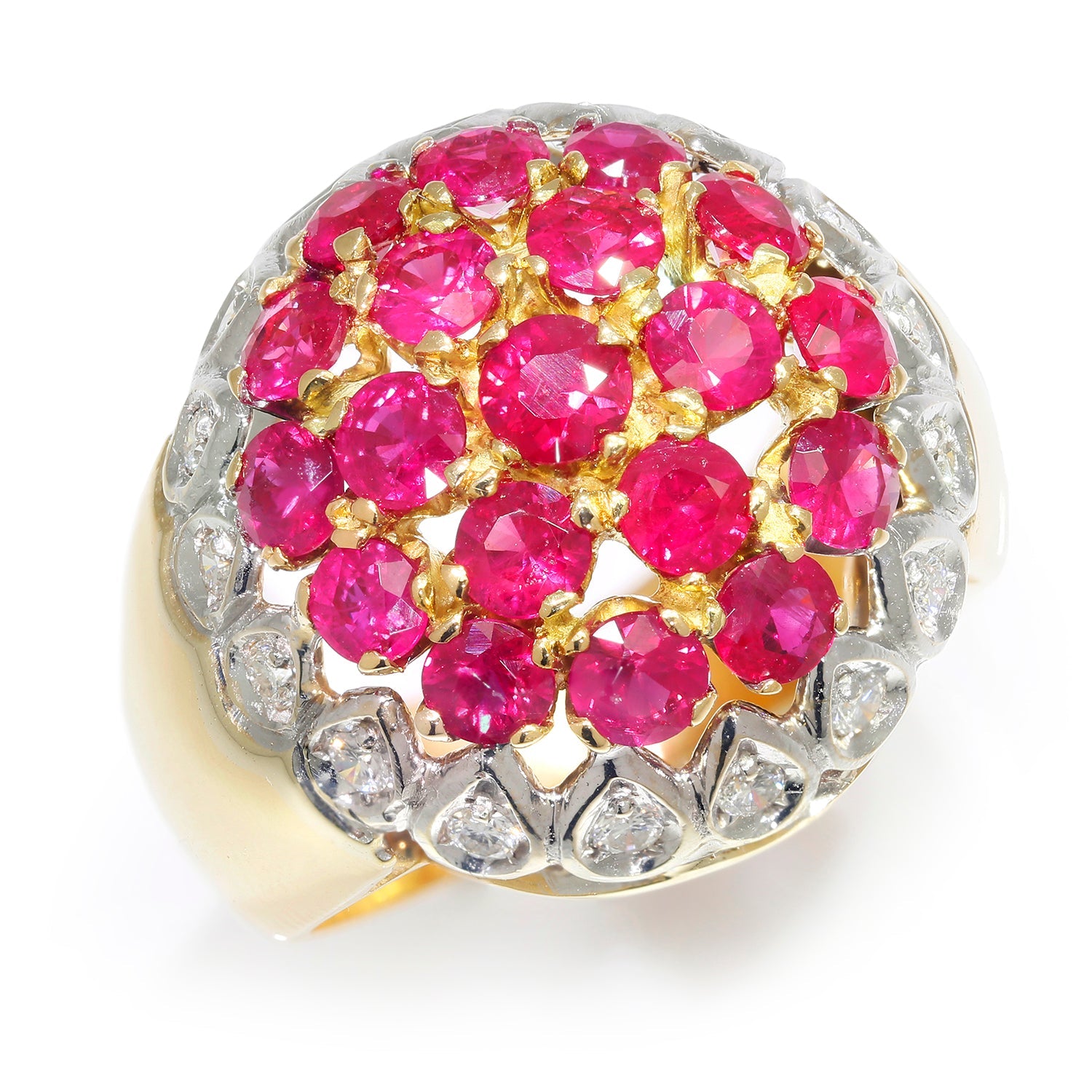 Once Upon A Diamond Rings Yellow & White Gold Vintage Ruby Dome Ring with Diamonds 18K Two-Tone Gold 3.32ctw