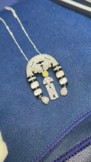 Vintage Yellow Sapphire & Diamond Pendant Necklace with Onyx & Crystal